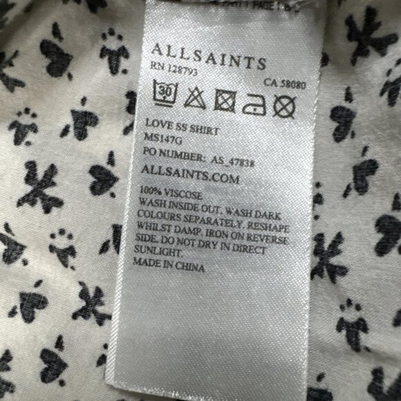 All Saints Mens White W/ Black Hearts Shorts Sleeve Button Up Shirt Size Medium - Picture 4 of 6